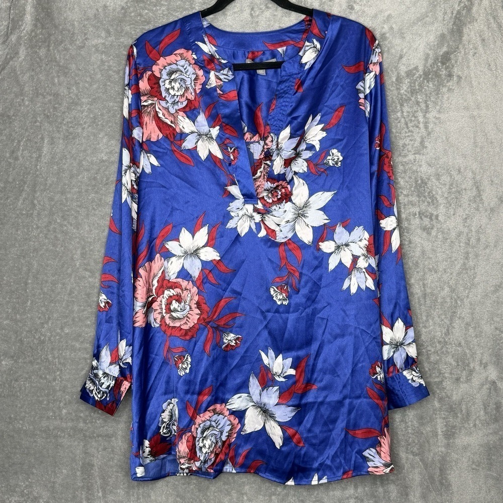 Jessica London 18W 2X Shirt Top Blue Floral Flower Long Sleeve V Neck Tunic